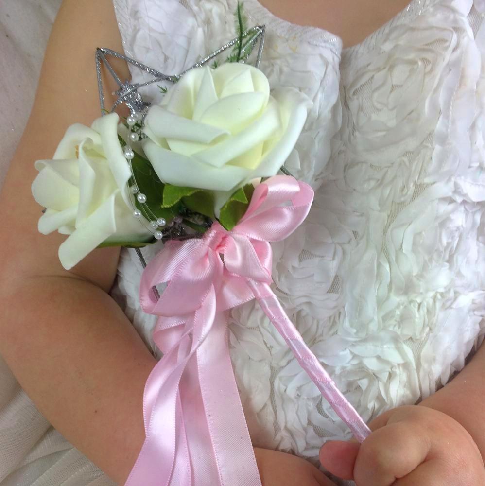 a bridesmaid flower wand ivory roses pink ribbon